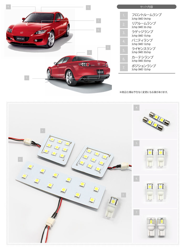 超激明 MAZDA RX-8 専用 LED ルームランプセット 3chip SMD全使用 フロント リア ラゲッジ バニティ カーテシ