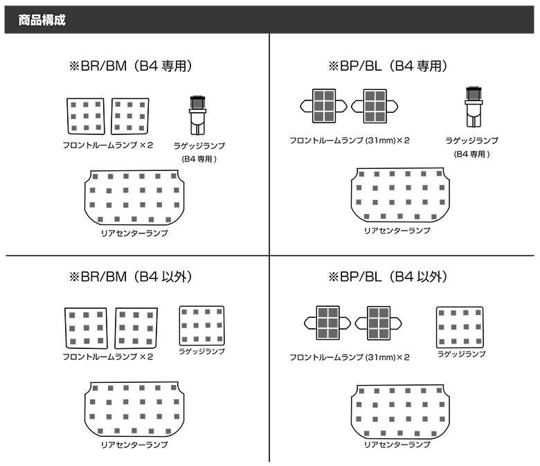 超激明 SUBARU BP/BL BR/BM レガシィ(LEGACY) ツーリングワゴン/B4/アウトバック　専用 LEDルームランプ超豪華セット!!　3chip SMD使用 フロント　リア　ラゲッジ-車種別専用設計